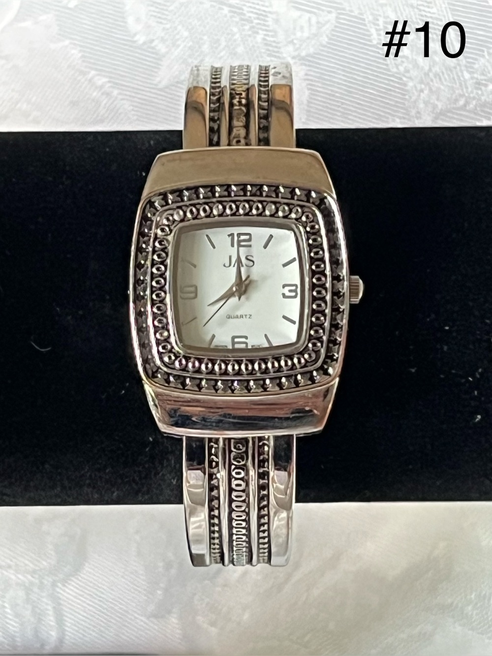 JAS Silver Tone Hinged Cuff Bangle Watch - Marcasite Style Bezel